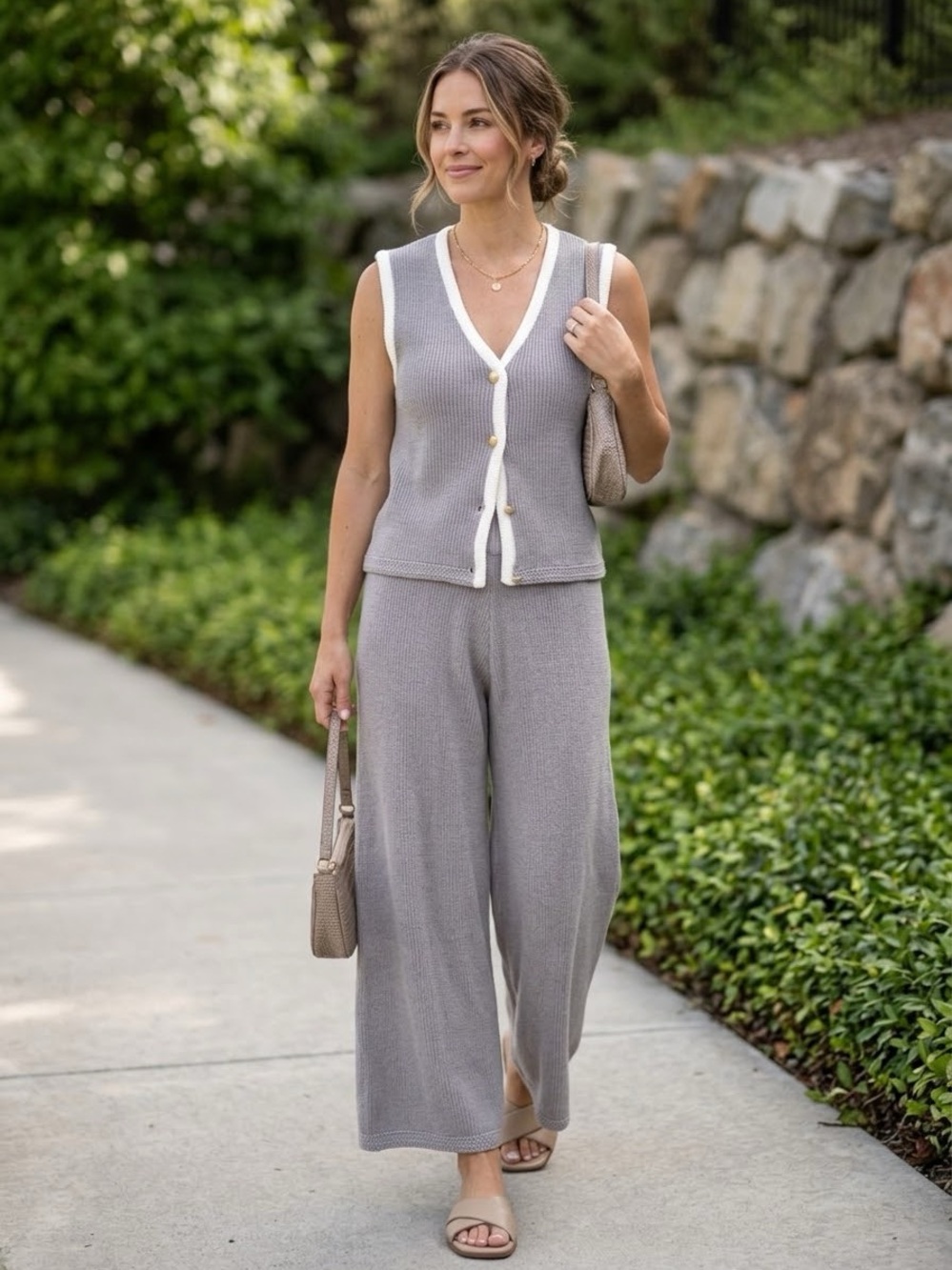 Sincerely Jules Gray Knit 2 Pc Set V-Neck Button Vest Wide-Leg Pants M Preppy
